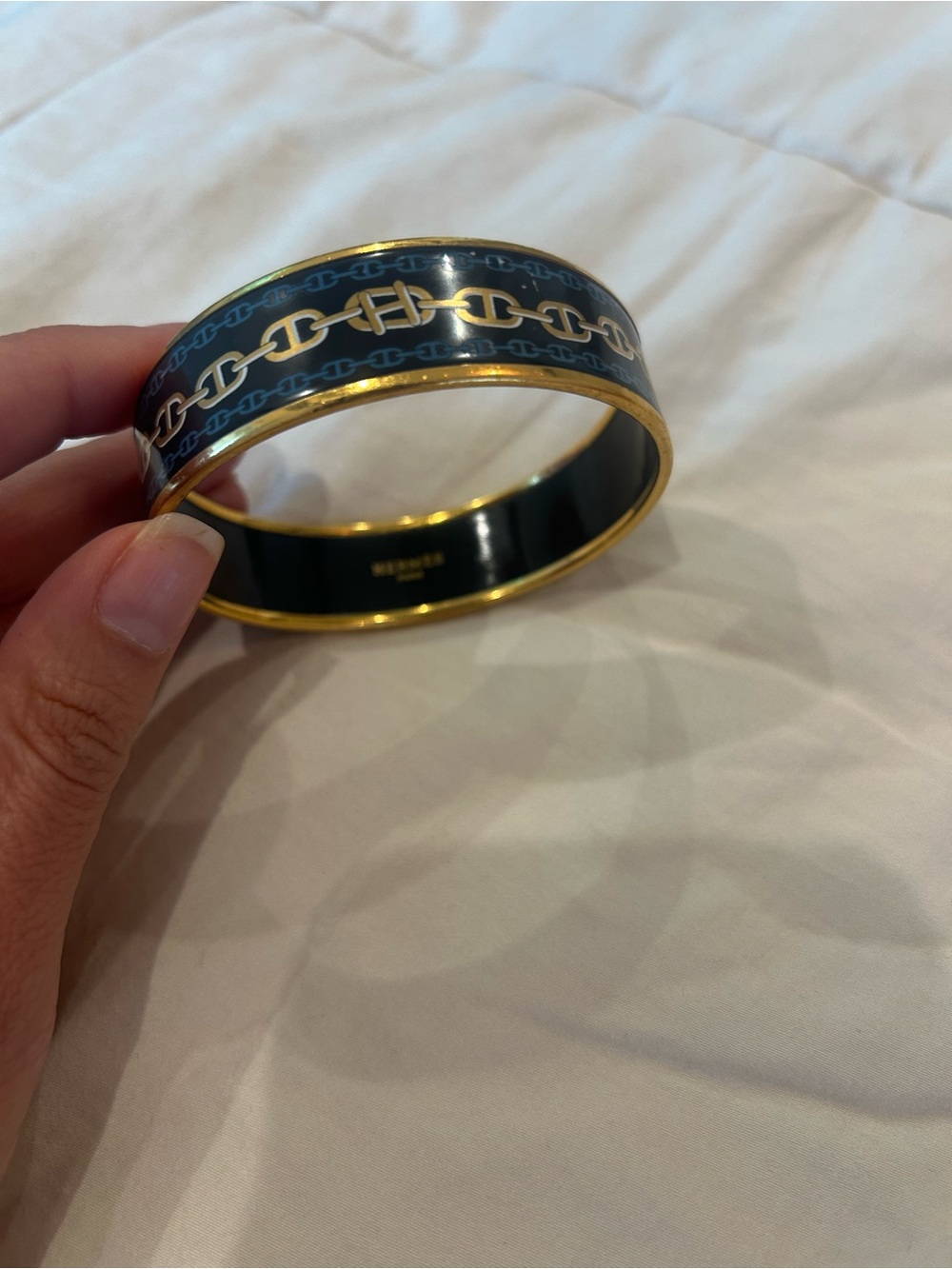 Hermes enamel bangle with Gold-Trim Navy Chain Print Bangle Bracelet